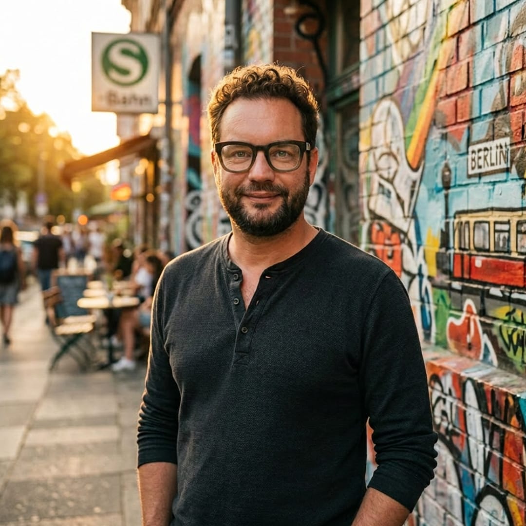 Peter Roth-Westdickenberg vor einer Berliner S-Bahn-Wand mit Street-Art